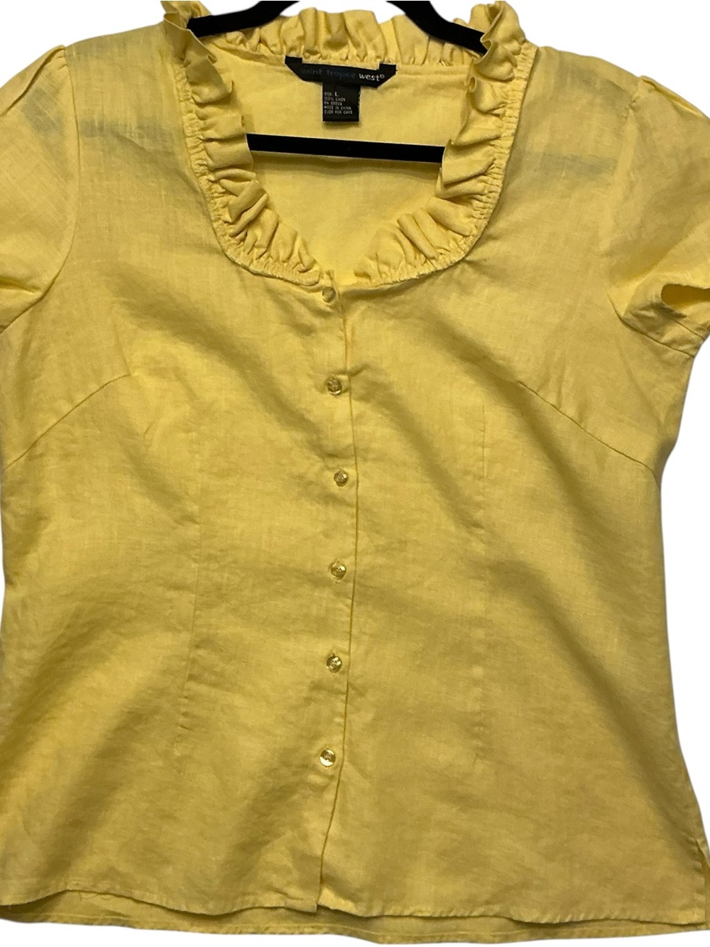 Saint Tropez West Yellow Ruffle-Neck Button-Up Blouse sz L